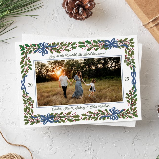 Cartão De Festividades Blue Bows and Holly Garland One-Photo Christmas (horizontal photo Christmas holiday card with illustrated border of holly branches and cute blue bows)