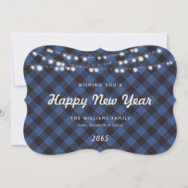 Cartão De Festividades Blue Buffalo Plaid String Lights New Year Card (Frente)