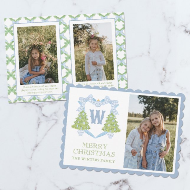 Cartão De Festividades Blue Chinoiserie Árvore Natal Monograma Crest (Criador carregado)