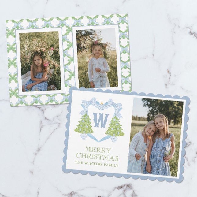 Cartão De Festividades Blue Chinoiserie Árvore Natal Monograma Crest (Criador carregado)