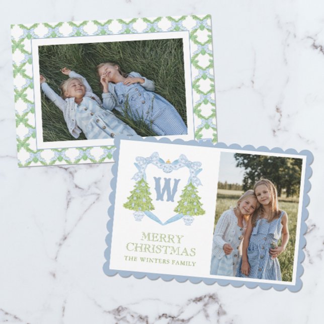 Cartão De Festividades Blue Chinoiserie Árvore Natal Monograma Crest (Criador carregado)