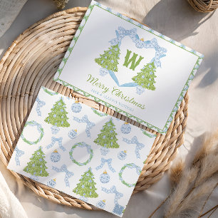 Cartão De Festividades Blue Chinoiserie Árvore Natal Monograma Crest