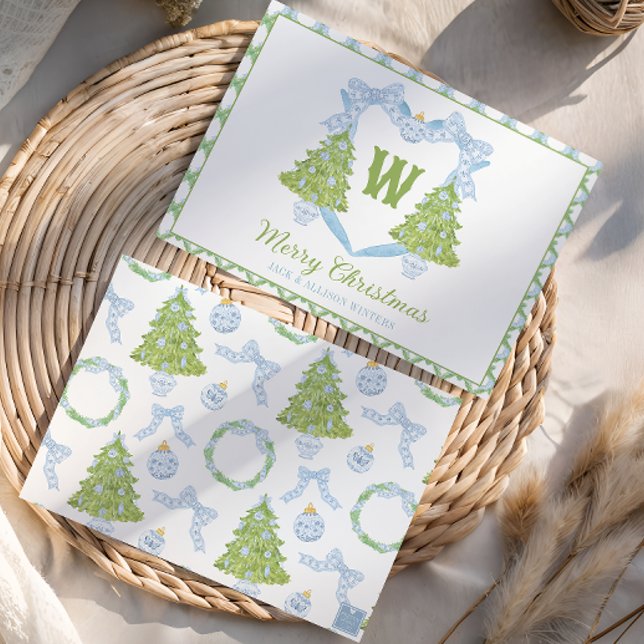 Cartão De Festividades Blue Chinoiserie Árvore Natal Monograma Crest (Criador carregado)