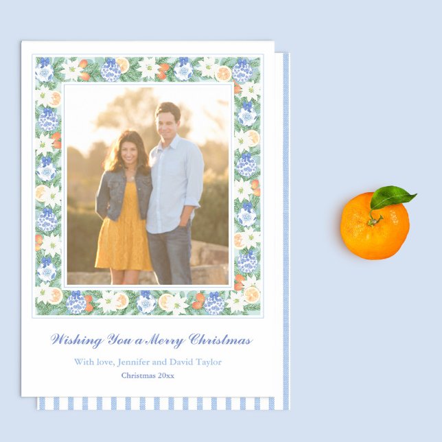 Cartão De Festividades Blue Chinoiserie Chic Citrus Merry Photo de Natal (Blue And White Chinoiserie With Citrus Greenery Frame Family Picture Holidays Card)