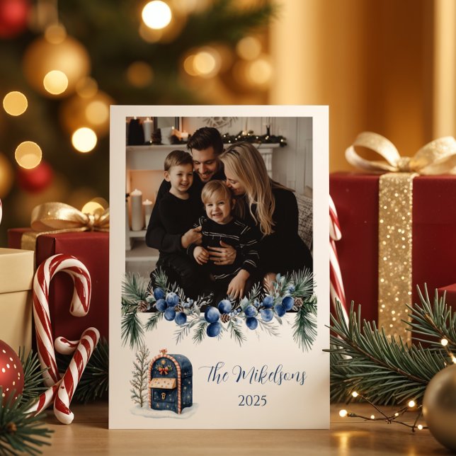 Cartão De Festividades Blue Chinoiserie Christmas Photo (Criador carregado)