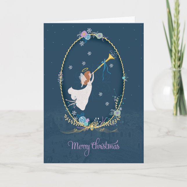 Cartão De Festividades Blue Christmas Angel Greeting Card (Frente)