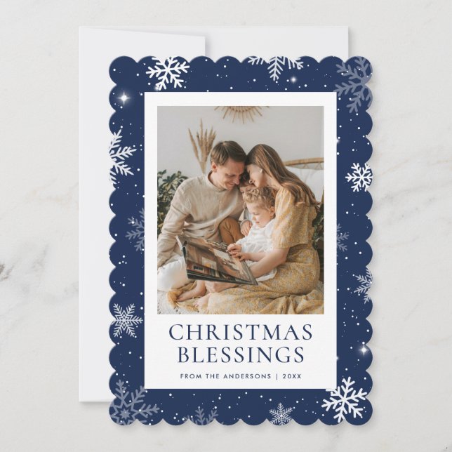 Cartão De Festividades Blue Christmas Blessings Snowflake Photo (Frente)