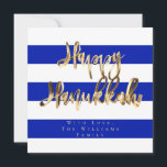 Cartão De Festividades Blue e White Elegante Feliz Hanukkah<br><div class="desc">Manuscrito Elegante da Tipografia Feliz de Chanucá,  Texto de Folha Ouro Faux e Padrão Strike em Cores de Bandeiras Israelenses Azuis e Brancas,  Cartão Moderno Chic de Chanucá</div>