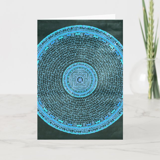 Cartão De Festividades Blue Fire Tibetano Mandala Art (Turquesa e Preto) (Frente)