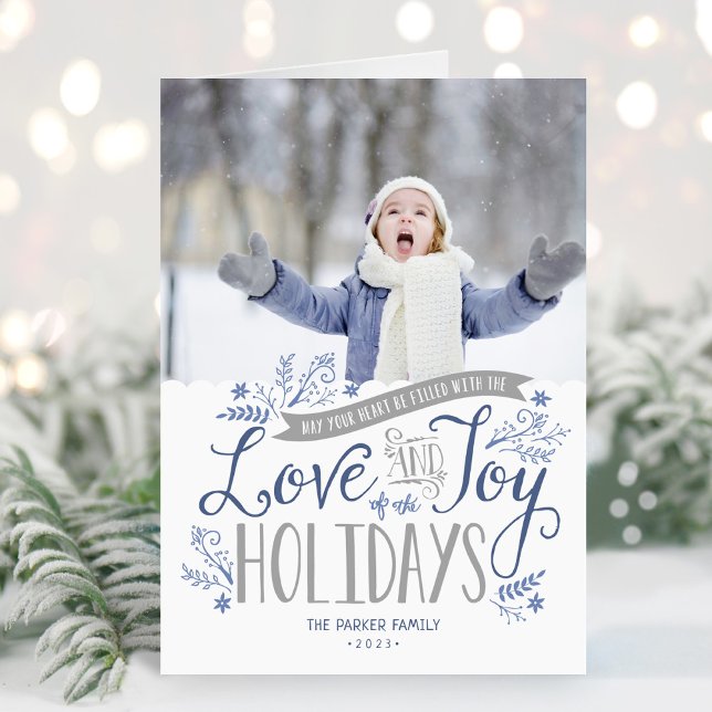 Cartão De Festividades Blue Floral Whimsy 2 Foto dobrada (Criador carregado)