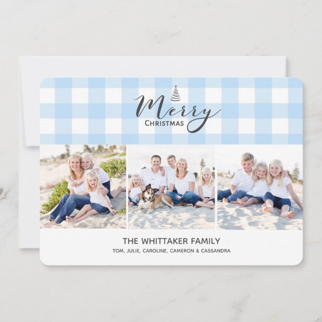 Cartão De Festividades Blue Gingham 3-Photo Christmas Card (Frente)