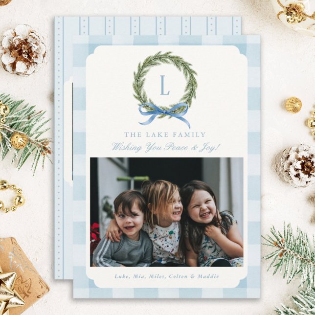 Cartão De Festividades Blue Gingham Photo Christmas Cards Monograma Wreat (Criador carregado)