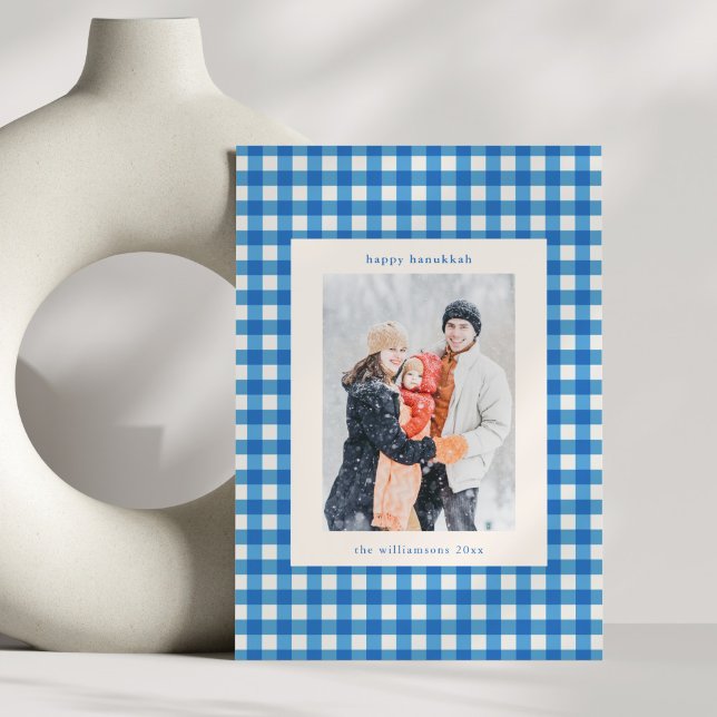 Cartão De Festividades Blue Gingham Plaid Hanukkah Photo Custom Message (Criador carregado)