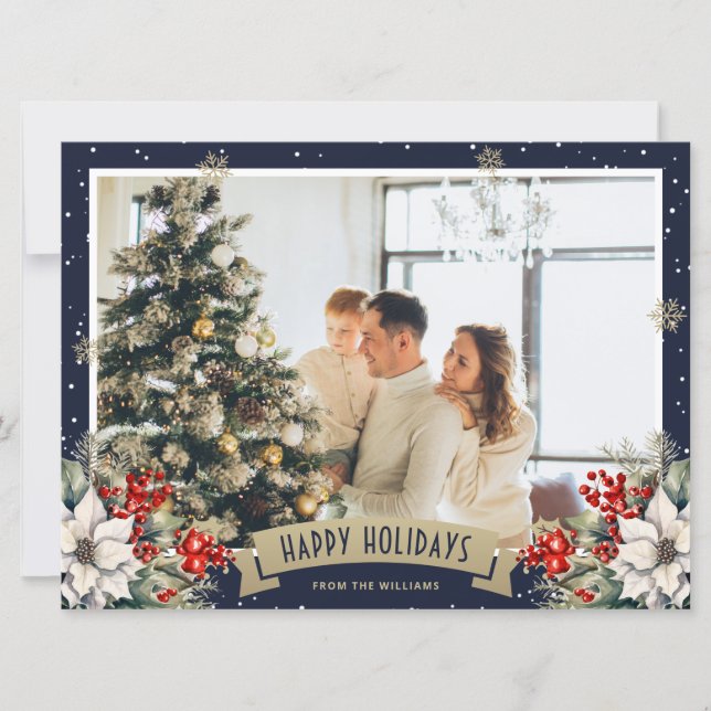 Cartão De Festividades Blue Gold Botanical Snowflake Photo Holiday (Frente)