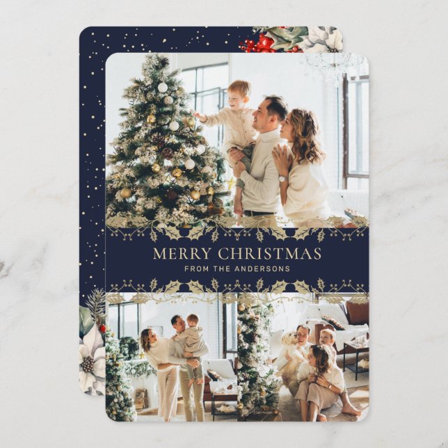 Cartão De Festividades Blue Gold Elegant Botanical Photo Christmas Card (Frente/Verso)