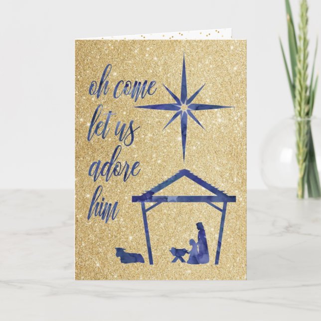 Cartão De Festividades Blue Gold Glitter Christmas Night Greeting Card (Frente)
