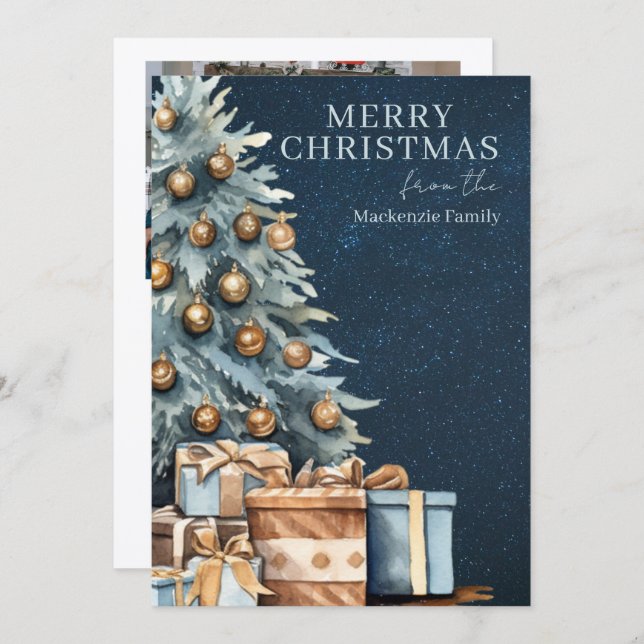 Cartão De Festividades Blue Gold Green Christmas Tree Photo Personalized (Frente/Verso)
