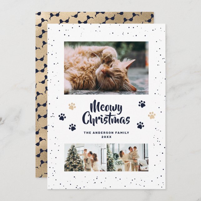 Cartão De Festividades Blue Gold Photo Snow Paws Meowy Christmas Card (Frente/Verso)