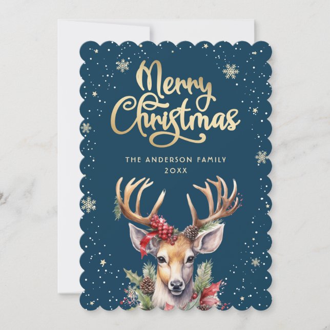 Cartão De Festividades Blue Gold Watercolor Reindeer Snow Christmas Card (Frente)