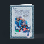 Cartão De Festividades Blue Gray Star Pattern And Snowman Christmas<br><div class="desc">This Christmas card features a design in blue gray with a star pattern background and a cute cartoon snowman with a blue hat and scarf with text that reads, "Believe!" Replace the photo on the front with your own picture. Customize the text inside and out using Zazzle's many font styles...</div>