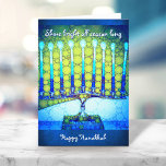 Cartão De Festividades Blue Green Hanukkah Menorah Shine Bright Personali<br><div class="desc">"Brilhar durante toda a temporada. Feliz Hanukkah." Uma ilustração detalhada de um menorah brilhante, colorido, verde, verde-verde, verde-verde, ajuda a surpreender as férias de Chanucá. Sinta o calor e a alegria da época de férias sempre que você envia este cartão de saudação chanucá, incrivelmente colorido. Na dentro, personalize com sua...</div>