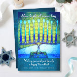 Cartão De Festividades Blue Green Hanukkah Menorah Shine Script<br><div class="desc">"Brilhar durante toda a temporada." Uma ilustração detalhada de um menorah brilhante, colorido, de arte azul ajuda você a lançar as férias de Chanucá. Sinta o calor e a alegria da temporada de férias sempre que você envia este cartão chanucá chato e colorido. Comparar envelopes, adesivos, sacos de tote, papel...</div>