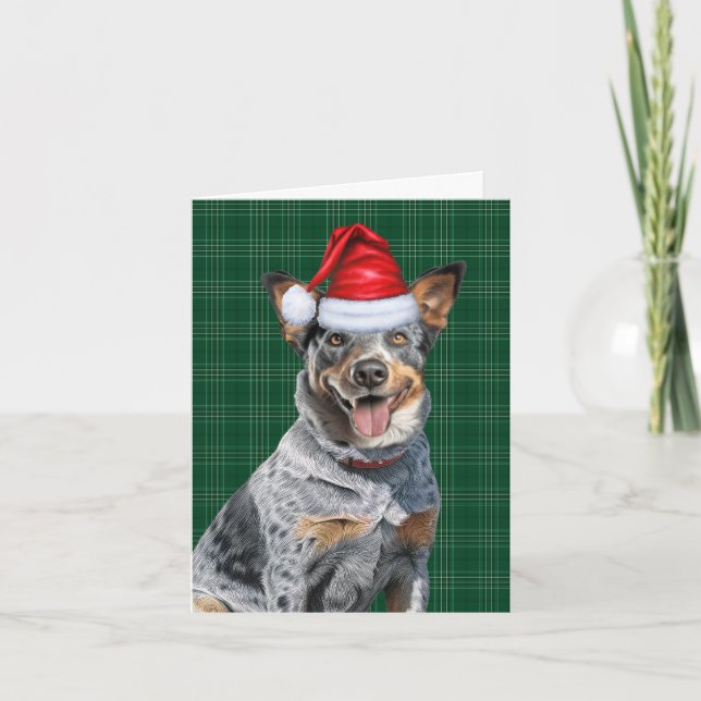 Cartão De Festividades Blue Heeler Natal Cachorro Xadrez Verde Natal (Frente)