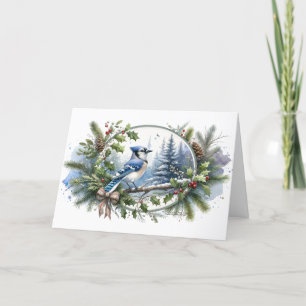 Cartão De Festividades Blue Jay Forest Holly Berries Evergreens Pinecones