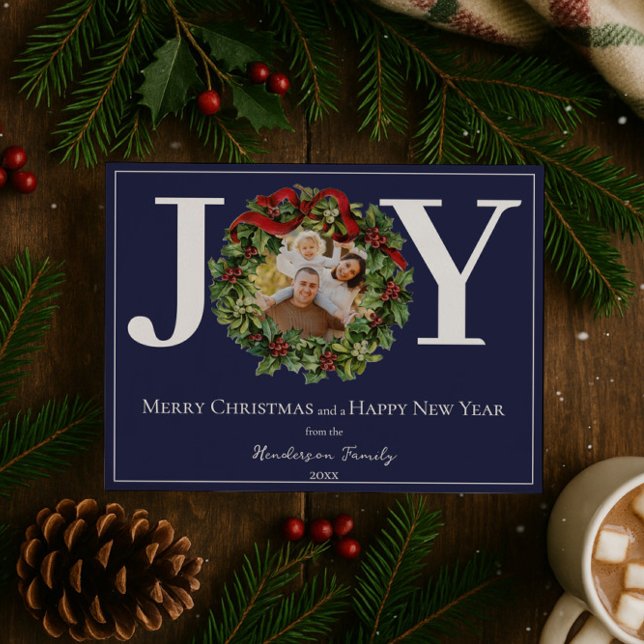 Cartão De Festividades Blue Joy Christmas Wreath Photo (Blue Joy Christmas Wreath Photo Holiday Card)