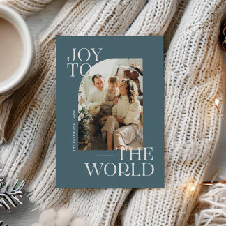 Cartão De Festividades Blue Joy to the World Modern Type Christmas Photo