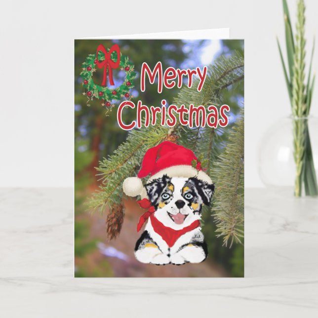 Cartão De Festividades Blue Merle Christmas Aussie Cartoon Puppy (Frente)