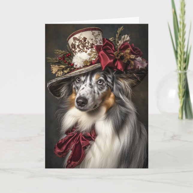 Cartão De Festividades Blue Merle Collie Natal Elegante Cão Vitoriano (Frente)