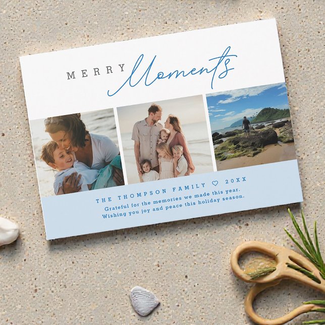 Cartão De Festividades Blue Modern Merry Moments Beach Photos Holiday (Custom vacation photo Merry Moments Holiday family cards.)