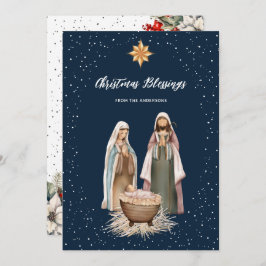 Cartão De Festividades Blue Nativity Botanical Christian Christmas Card