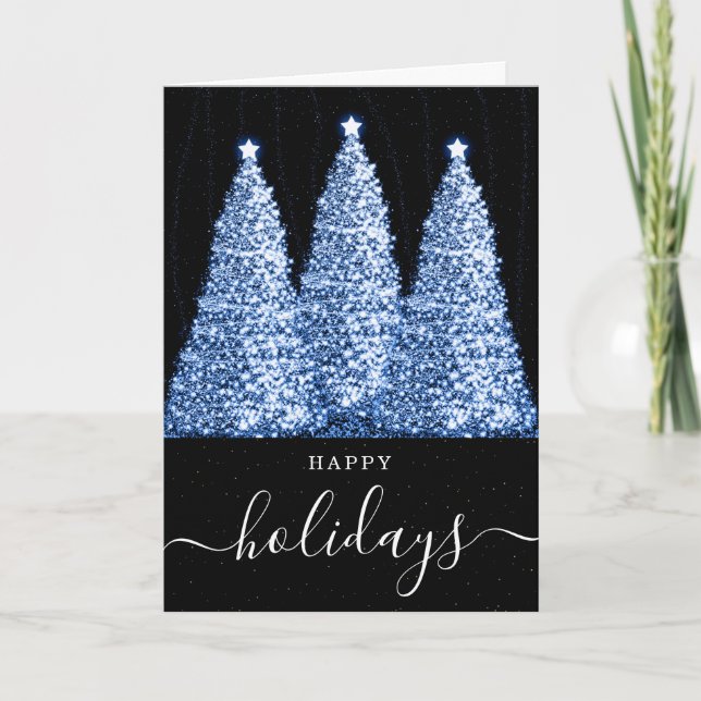 Cartão De Festividades Blue No Photo Holidays Christmas Glitter Trees (Frente)