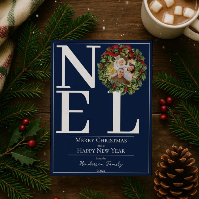 Cartão De Festividades Blue Noel Christmas Wreath Photo (Blue Noel Christmas Wreath Photo Holiday Card)