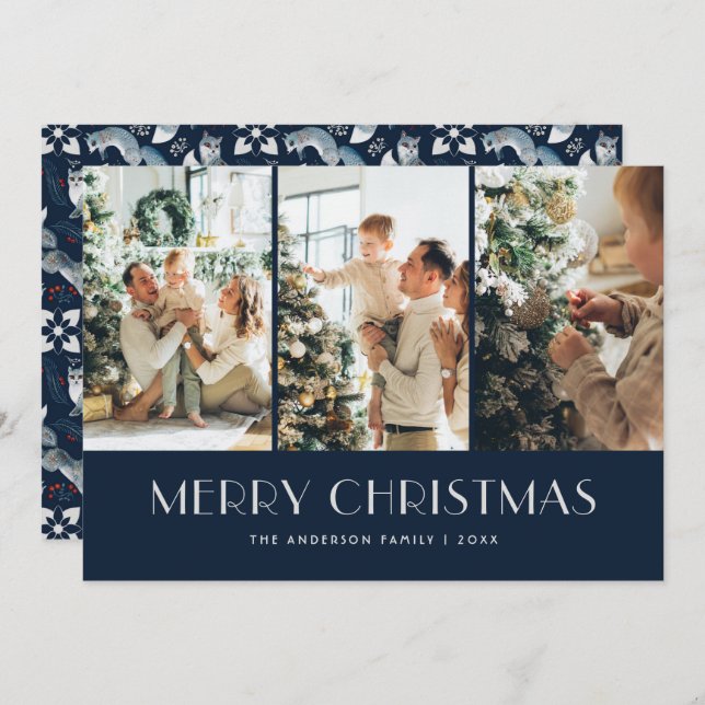 Cartão De Festividades Blue Nordic Fox Collage Feliz Natal (Frente/Verso)