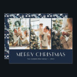 Cartão De Festividades Blue Nordic Fox Collage Feliz Natal<br><div class="desc">Elegante foto azul Feliz Cartão de Natal com uma colagem fotográfica em um fundo azul escuro. Floresta entonada com raposa,  botânica folclórica e ornamentos nórdicos nas costas. Personalize facilmente este cartão mágico de Natal com as suas fotografias e texto.</div>
