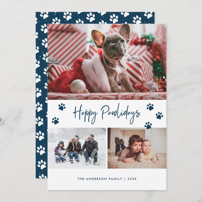 Cartão De Festividades Blue Paw Print 3 Photo Collage Happy Pawlidays Pet (Frente/Verso)