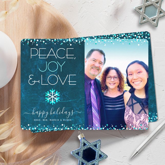 Cartão De Festividades Blue Photo Peace Joy Love Script Snowflake Modern (Criador carregado)