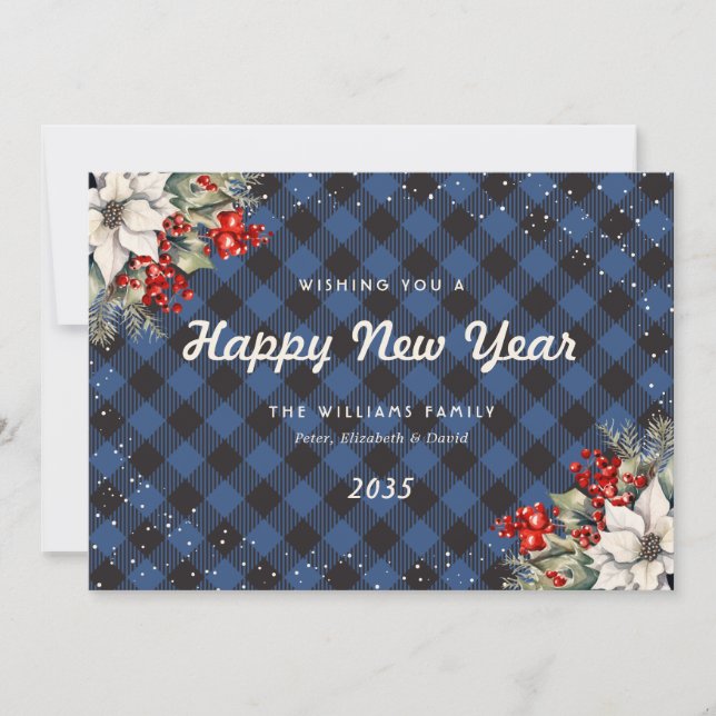 Cartão De Festividades Blue Plaid Snow Botanical New Year Card (Frente)