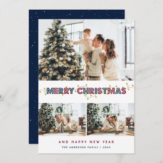 Cartão De Festividades Blue Red Snow Christmas Lights 3 Photo (Frente/Verso)