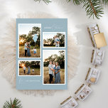 Cartão De Festividades Blue Retro Boho Minimalista Quatro Colagem de Foto<br><div class="desc">Este design de Cartão de Férias de Quatro Colagem de Fotos Minimalista e Retro Boho Azul apresenta um pano de fundo suave e legal de azul empoeirado com um elegante pareamento de uma simples tipografia e um roteiro delicado que oferece saudações de "Feliz Natal" para a temporada. Este estilo mínimo...</div>
