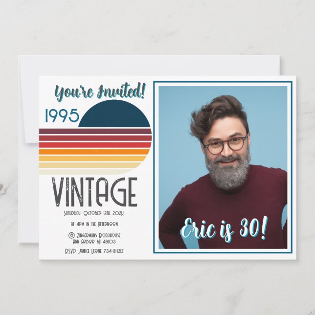 Cartão De Festividades Blue Retro Sun 1995 Photo 30th Birthday  (Frente)