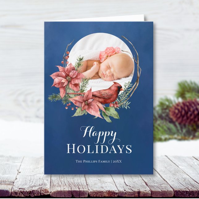 Cartão De Festividades Blue Rustic Bird Wreath Natal (Elegant blue photo template card "Happy Holidays" text, beautiful Poinsettia and Cardinal graphics)