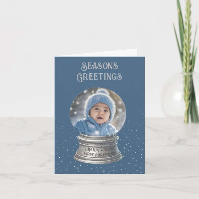 Cartão De Festividades Blue Snow Globe Photo Flat Holiday Card (Frente)