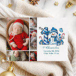 Cartão De Festividades Blue Snowman 5 Foto Primeiro Natal<br><div class="desc">Celebre a sua primeira temporada de festas com este alegre design de inverno com um número de xadrez azul, um adorável boneco de neve, e doces e presentes espalhados. Personalize-o com a fotografia do seu bebê e os detalhes do nascimento para criar uma guarnição que traz encanto e magia às...</div>
