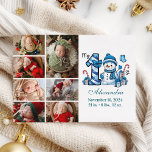 Cartão De Festividades Blue Snowman 7 Foto Primeiro Natal<br><div class="desc">Celebre a sua primeira temporada de festas com este alegre design de inverno com um número de xadrez azul, um adorável boneco de neve, e doces e presentes espalhados. Personalize-o com a fotografia do seu bebê e os detalhes do nascimento para criar uma guarnição que traz encanto e magia às...</div>