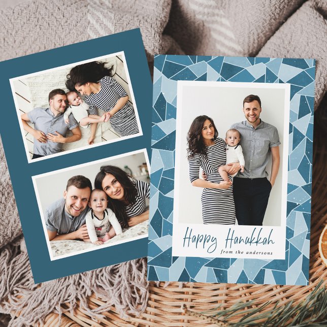 Cartão De Festividades Blue StainGlass Happy Hanukkah 3 Foto (Criador carregado)