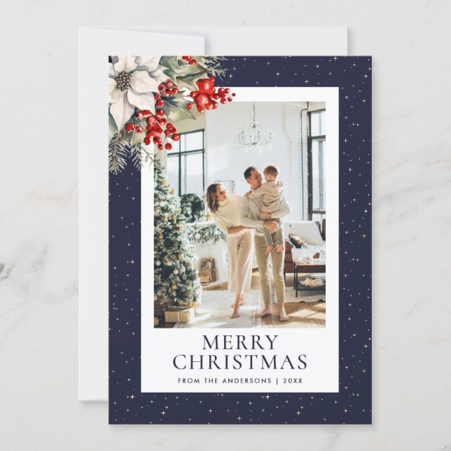Cartão De Festividades Blue Starry Botanical Photo Merry Christmas (Frente)